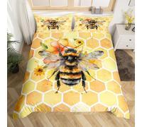 Homewish Housse de Couette 140x200 Abeille À Miel, Parure de Lit Nid d'abeille Jaune pour Garçon Fille, Sets de Housses de Couettes Animal Mignon Vie Sauvage, Couvre Lit Hexagone Géométrique