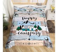 Homewish Housse de Couette 140x200 cm avec 1 Taie d'oreiller, Décoration de Camping pour Campeur, Parure de Lit Happy Camping pour Garçons Filles, Couvre Lit Planche Cottage Marron Bleu