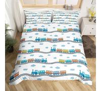 Homewish Housse de Couette 140x200 cm Enfant Motif Train | Parure de Lit Adolescente Filles Véhicules Ferroviaires, Carnet de Route Blanc Bleu, Ensemble de Literie Doux