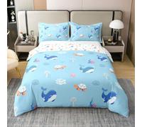 Homewish Housse de Couette 140x200 Coton Baleine mer Bleue Parure de Lit Enfant Vie océanique Mignonne Sets de Housses de Couettes côtier Estival Couvre Lit Nouveau-né Tout-Petit