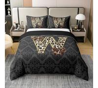 Homewish Housse de Couette 140x200 Coton Imprimer la Lettre Initiale Du Gépard,Parure de Lit Enfant Crâne Antique Goth Noir de Damas,Literie Lettre Personnalisée W Bow Brun Floral Victorien Monogrammé