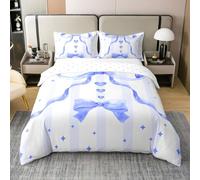 Homewish Housse de Couette 140x200 Coton Kawaii Bow Girls,Parure de Lit Enfant Blue Bowknot Coquette Decor,Sets de Housses de Couettes Filles Amour Cœur Étoiles Aquarelle Princesse Esthétique