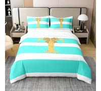 Homewish Housse de Couette 140x200 Coton Lettre Monogramme T,Parure de Lit Enfant Filles Golden Bow,Sets de Housses de Couettes Initial Personnalisé,Couvre Lit Moderne Esthétique Teal Rayé