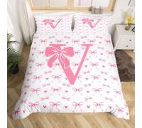 Homewish Housse de Couette 140x200 Enfant Bouchon Rose,Parure de Lit Enfant Lettre Initiale W,Sets de Housses de Couettes Enfants Ruban Coquette Décor Motif de Cœur,Couvre Lit Style Princesse Rêveuse