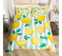 Homewish Housse de Couette 140x200 Enfant Citron, Parure de Lit Fruit Peinture À l'huile, Sets de Housses de Couettes Bandes Géométriques, Couvre Lit Fruits Délicieux