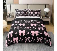 Homewish Housse de Couette 140x200 Enfant Coton Adolescent Fille Coquette Bow,Parure de Lit Arc Rose et Noir,Literie Princesse Rêveuse Rose Clair,Couvre Lit Préppy Rouge Love Heart Bowknot