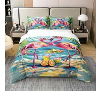 Homewish Housse de Couette 140x200 Enfant Coton Flamingo,Parure de Lit Flamingo Tropical Drôle,Sets de Housses de Couettes Plage D'Été D'Hawaï,Couvre Lit Feuilles de Palmier de L'Océan