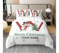 Homewish Housse de Couette 140x200 Enfant Coton Joyeux Noël Nom Personnalisé,Parure de Lit Bonhomme de Neige Mignon Lettre Initiale W,Couvre Lit Arbres de Noël Cartoon Flocon de Neige Magique d'hiver