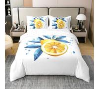Homewish Housse de Couette 140x200 Enfant Coton Lemon Jaune,Parure de Lit Plantes D'Été À L'Encre de Chine,Sets de Housses de Couettes Blanc Jaune Bleu pour Enfants Garçons Filles Ferme Rustique