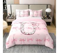 Homewish Housse de Couette 140x200 Enfant Coton Lettre Initiale Rose U Alphabet Bowknot,Parure de Lit Love Hearts Bow,Sets de Housses de Couettes Fleurs Kawaii,Couvre Lit Filles Personnalisées Enfants