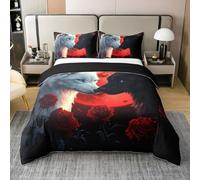 Homewish Housse de Couette 140x200 Enfant Coton Loups Blancs Noirs,Parure de Lit Animal de Bois de Lune,Sets de Housses de Couettes Thème d'animal de Jungle,Couvre Lit Fleur de Rose Rouge Romantique