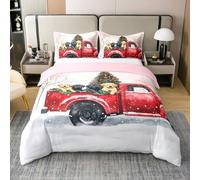 Homewish Housse de Couette 140x200 Enfant Coton Noël,Parure de Lit Camion d'hiver de Ferme,Sets de Housses de Couettes Chien de Dessin Animé Mignon Garçons Filles Joyeuse Voiture Rustique Noël