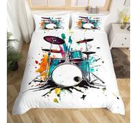 Homewish Housse de Couette 140x200 Enfant Kit de Batterie,Parure de Lit Instrument de Musique Rock,Sets de Housses de Couettes Kit de Batterie Aquarelle,Couvre Lit pour Garçons Filles Thème de Musique