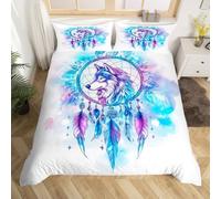 Homewish Housse de Couette 140x200 Enfant Loup, Parure de Lit Attrape-Rêves Bohème, Sets de Housses de Couettes Attrape-Rêves Bohème, Couvre Lit Imprimé d'animaux Sauvages