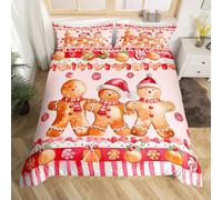 Homewish Housse de Couette 140x200 Enfant Rouge de Noël, Parure de Lit Pain D'Épicerie Mignon, Sets de Housses de Couettes Homme de Pain D'Épicerie de Noël, Couvre Lit Grue de Bonbons Festifs