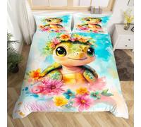 Homewish Housse de Couette 140x200 Enfant Tortue de Mer Aquarelle, Parure de Lit Enfant Imprimé Floral Coloré, Sets de Housses de Couettes Tortue Kawaii, Couvre Lit Thème Océan sous-Marin