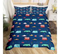 Homewish Housse de Couette 140x200 Fille Camion de Dessin Animé, Parure de Lit Enfant Voiture 1 Personne, Sets de Housses de Couettes Motif Cars Bus, Réversible, avec 1 Taie d'oreiller 65x65 cm