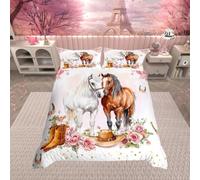 Homewish Housse de Couette 140x200 Fille Cheval Occidentale - Parure de Lit Ado Fleur Chapeau de Cowgirl - Sets de Housses de Couettes Fer À Cheval du Far West avec 1 Taie d'oreiller 65x65cm