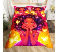 Homewish Housse de Couette 140x200 Fille Noir, Ensemble de Literie Pailleté Fille Afro, Parure de Lit Magique de Princesse Africaine Américaine pour Enfants Ados, Décoration de Chambre Kawaii