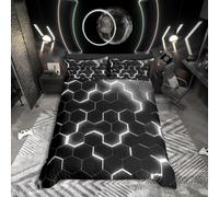 Homewish Housse de Couette 140x200 Nid d'abeille Argent Noir, Parure de Lit 1 Personne Géométrique Néon pour Ado Adulte, Sets de Housses de Couettes Moderne Géométrie, Couvre Lit Hexagonal