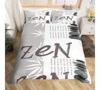 Homewish Housse de Couette 140x200 Zen, Parure de Lit Pierre Zen, Ensemble de Literie en Feuilles de Bambou, pour Adultes Hommes Femmes, Couvre-Lit Gris Blanc avec Mots Chinois, 2 Pièces