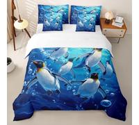 Homewish Housse de Couette 200x200 7 Pièces Hommechot Mignon | Parure de Lit Bleu Pingouin Thématique Drap Housse Rêveur Arctique Poteau Faune Sauvage Drap Plat, 2 Taies d'oreiller