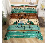 Homewish Housse de Couette 200x200 cm avec 2 Taies d'oreiller, Décoration de Camping pour Campeur, Parure de Lit Happy Camping pour Garçons Filles, Couvre Lit Planche Cottage Vert Marron