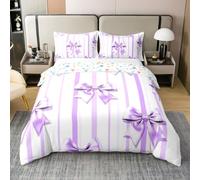Homewish Housse de Couette 200x200 Coton Bouchon de Ruban Violet,Parure de Lit Enfant Adultes Rayures Géométriques,Sets de Housses de Couettes Bouchon de Style Princesse,Couvre Lit Kawaii Fille Bow