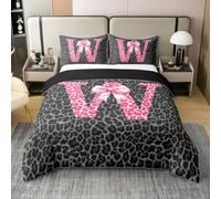 Homewish Housse de Couette 200x200 Coton Lettre Initiale W,Parure de Lit Enfant Impression Pépard Noir,Sets de Housses de Couettes Arc Rose Kawaii,Couvre Lit Esthétique Moderne