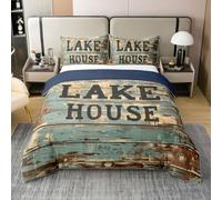Homewish Housse de Couette 200x200 Coton Maison du Lac,Parure de Lit Enfant Thème Bateau,Sets de Housses de Couettes Planche en Bois Marron Teal,Couvre Lit Vintage Rétro