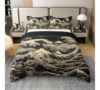 Homewish Housse de Couette 200x200 Coton Style Japonais, Parure de Lit Enfant Mont Fuji, Sets de Housses de Couettes Adultes Adolescents Océan Grandes Vagues Art, Couvre Lit Noir Golden Glitter Stars
