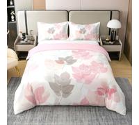 Homewish Housse de Couette 200x200 Enfant Coton Feuilles, Parure de Lit Gris Rose Fille, Sets de Housses de Couettes et Adolescents Plantes, Couvre Lit Feuilles D'Aquarelle