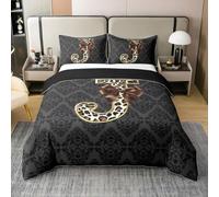 Homewish Housse de Couette 200x200 Enfant Coton Léopard Imprimer Lettre Initiale,Parure de Lit Crâne de Décor Antique Noir Damask Goth,Couvre Lit Lettre Personnalisée J Brun Bow Floral Monogrammé