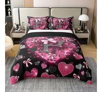 Homewish Housse de Couette 200x200 Enfant Coton Lettre Initiale Noire Rose K Alphabet Bowknot,Parure de Lit Kawaii Love Hearts Glitter,Couvre Lit Impression Leopard Arc Filles Femmes Enfants