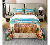 Homewish Housse de Couette 200x200 Enfant Coton Plage D'Été D'Hawaï,Parure de Lit Faune Sauvage de Flamingo Rouge,Sets de Housses de Couettes Océan Tropical,Couvre Lit Boisson de Feuilles de Palmier