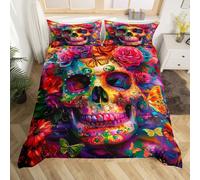 Homewish Housse de Couette 200x200 Enfant Floral, Parure de Lit Crâne de Sucre Fleurs Boho Papillon Halloween Adultes, Sets de Housses de Couettes Arc-en-Ciel Coloré, Couvre Lit