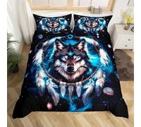Homewish Housse de Couette 200x200 Enfant Loup Cool, Parure de Lit Attrape-Rêves Bohème, Sets de Housses de Couettes Attrape-Rêves Bohème, Couvre Lit Plume Tribale