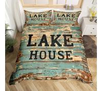 Homewish Housse de Couette 200x200 Enfant Maison du Lac,Parure de Lit Enfant Thème Bateau,Sets de Housses de Couettes Planche en Bois Marron Teal,Couvre Lit Vintage Rétro