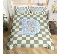 Homewish Housse de Couette 200x200 Enfant Tableau À Échecs Vert,Parure de Lit Enfant Lettre Initiale D,Sets de Housses de Couettes Ferme Plaid,Couvre Lit Enfants Garçons Filles Gingham Motif