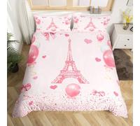 Homewish Housse de Couette 200x200 Fille Paris Rose, Parure de Lit Romantique Tour Eiffel pour Enfant Femme, Sets de Housses de Couettes Saint-Valentin, Couvre Lit Coeur d'amour Nœud Papillon