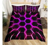 Homewish Housse de Couette 200x200 Géométrique Hexagonal Noir Violet, Parure de Lit Nid d'abeille, Ensemble de Literie Gamer pour Garçons Filles Enfants, Housse Couette Géométrie 3D Hexagone Ruche