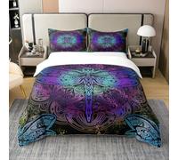 Homewish Housse de Couette 200x200 Libellule de Bohème, Parure de Lit Coton Biologique, Ensemble de Literie Mandala Paisley, Housse Couette Libellule Violette, Couvre Lit Irisée Trippy Gypsy, Doux