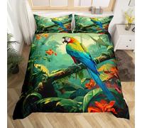 Homewish Housse de Couette 200x200 Perroquet 3D avec 2 Taies d'oreiller, Parure de Lit Jungle Tropicale, Sets de Housses de Couettes Oiseau Coloré, Couvre Lit Feuilles de Palmier Animaux Sauvages