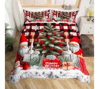 Homewish Housse de Couette 220x240 Arbre de Noël, Parure de Lit Enfant Père Noël pour Garçon Fille, Sets de Housses de Couettes GNOME Flocon de Neige, Couvre Lit À Carreaux Rouges et Blancs
