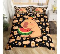 Homewish Housse de Couette 220x240 Capybara de Dessin Animé,Parure de Lit Enfant Capybara Mangeant La Pastèque d'eau,Couvre Lit Filles Garçons Femmes Kawaii Animaux Rongeur Cœur d'amour Rose Noir