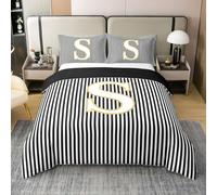 Homewish Housse de Couette 220x240 Coton Adultes Noir et Blanc Rayé,Parure de Lit Enfant Lettre Initiale Moderne S,Sets de Housses de Couettes Rayures Abstraites Simples,Couvre Lit Mode Pinstripe