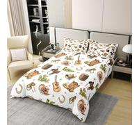 Homewish Housse de Couette 220x240 Coton Cowboys Occidentaux Vintage, Parure de Lit Enfant Boy Fille Mignon Cowboy Boot Hat, Sets de Housses de Couettes Stars Guitar Cactus, Couvre Lit Country Music
