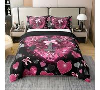 Homewish Housse de Couette 220x240 Coton Lettre Initiale Noire Rose G Alphabet Bowknot,Parure de Lit Enfant Love Hearts Glitter,Sets de Housses de Couettes Impression Leopard Arc,Couvre Lit FilEnfants