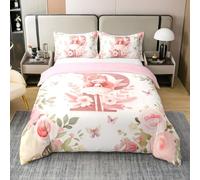 Homewish Housse de Couette 220x240 Coton Lettre Initiale P Rêveuse,Parure de Lit Enfant Fée Rose de Filles,Sets de Housses de Couettes Fée de Princesse Rose Papillons de Roses de Dessins Animés
