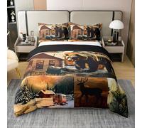 Homewish Housse de Couette 220x240 Coton Lodge Rustique,Parure de Lit Enfant Cabine de Renard de Cerf d'ours,Sets de Housses de Couettes Animaux de Bois de Pays Pins de Grange Vintage Brun Noir